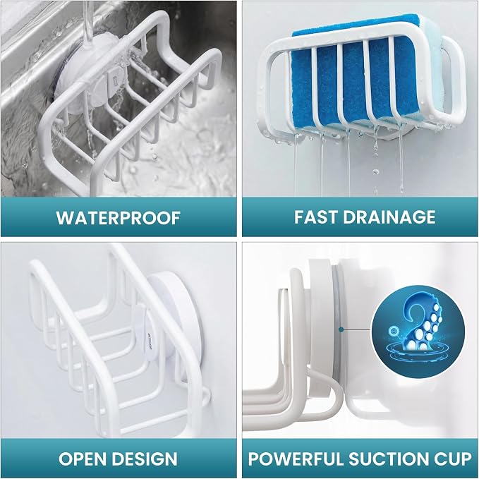 TAILI Rustproof Sponge Holder for Kitchen Sink with Suction Cup-White | Rustproof Aluminum Sink Caddy for Sponges, Brushes, Stoppers & Scrapers,Removable Ventilated Quick-dry Design, Holds Up 11lbs - Image 5