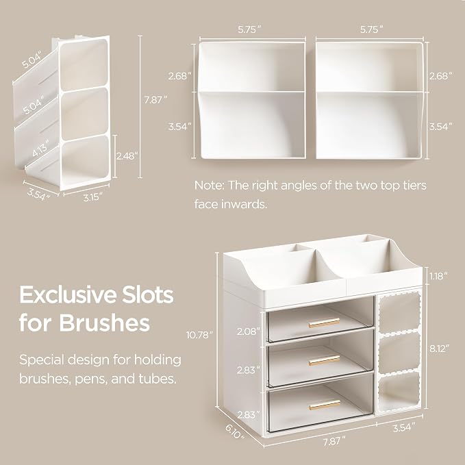 HBlife Makeup Organizer Countertop with Brush Holder, Large Bathroom Counter Organizer with Drawers, Skincare Organizers for Vanity, Plastic Dresser Organizer Storage Gift for Women Girl Mom, White - Image 3