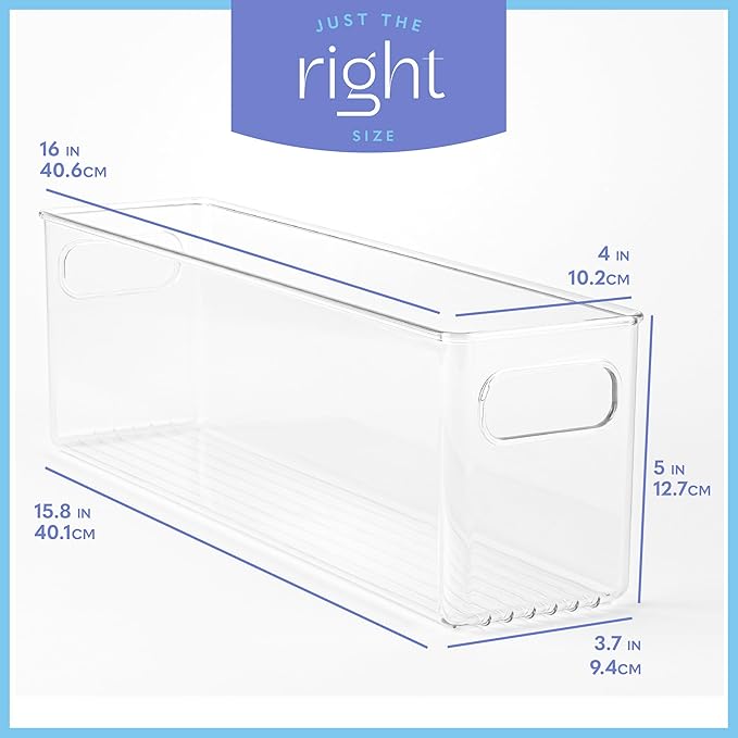 Plastic Food Storage 2 Pack Clear Container Bin with Handles for Organizing Kitchen, Pantry, Refrigerator, Freezer, Pantry, Cabinet, Closet, Bathroom. 16”x4”x5” - Image 3