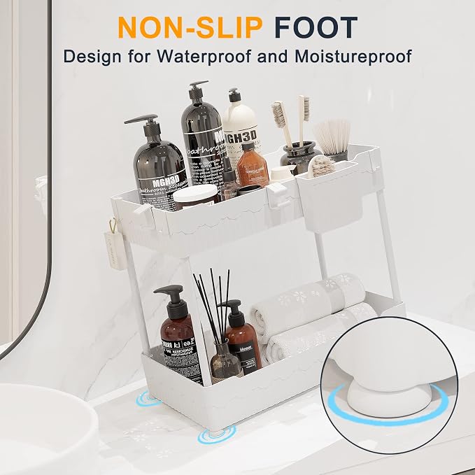 2-Pack Under Sink Organizer with Hooks & Hanging Cup for Kitchen | Multi-use kitchen & bathroom storage, 14.8 inch white cabinet organizer, with hooks and hanging cup for easy access. - Image 6