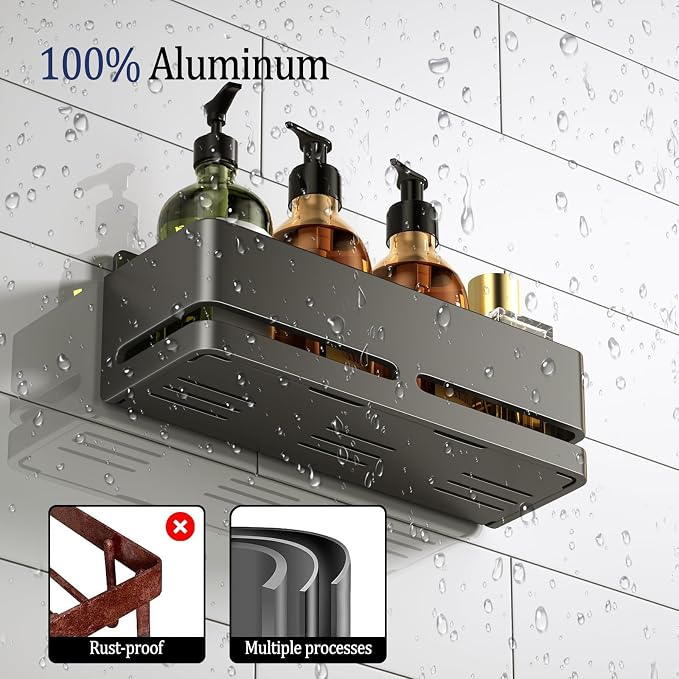 Bathroom Shower Caddy,No Drill Shower Shelves(5-piece Set-Grey) | Wall-mounted shelf with soap dish and toothbrush holder, ideal for bathroom storage and also suitable for kitchen - Image 5