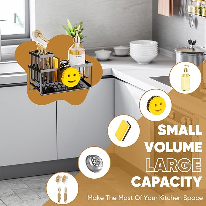 Sponge Holder for Kitchen Sink,Smiley Face Sink Caddy with Removable Brush Holder,Self-Draining Sponge Caddy for Sponge,Soap,Dish Brush,Scrubber,Kitchen Essentials and Gadgets - Image 7