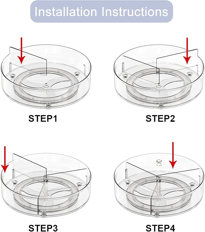 11" Lazy Susan Organizer with 3 Dividers for Cabinet Pantry | 3.15 in Tall Wall Prevents Spills, Clear PET Spinner Tray, Smooth 360 Rotation, Removable Dividers for Fridge Bath Vanity - Image 4
