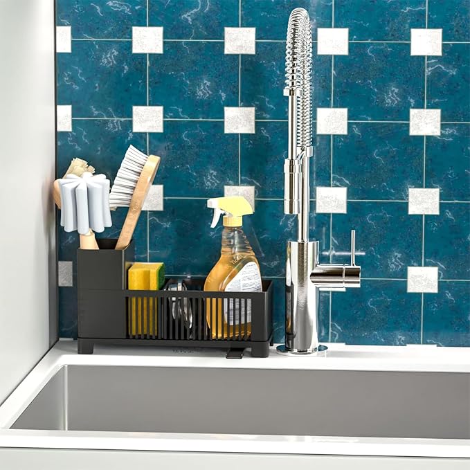 Sink Caddy & Kitchen Sink Organizer,Black Sponge Holder with High Scrub Brush Holder,Plastic Kitchen Countertop Organizer,Multifunctional Sponge Drain Rack,Dish Soap,Dish Sponge Holder,Soap Dispenser - Image 8