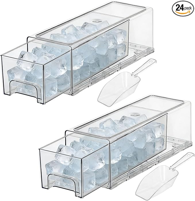 2 Set Ice Bucket for Freezer with Scoop Clear Ice Bin Plastic Stackable Plastic Containe with Pull out Handle Food Storage Organizer Holder for Pantry Freezer Kitchen Rv Fruit Wine Beverage by Unknown