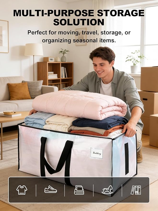HOMESURE Supports 200lbs Heavy Duty Moving Bags - Strong Zipper & Wrap-Around Handles - Water-Resistant Storage Totes, Durable Alternative to Moving Boxes - 4 Pack - Semi-Transparent - Image 4