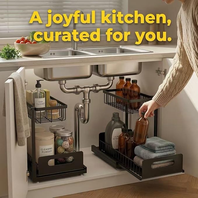 Under Sink Organizer, 2-Tier Pull-Out Metal Drawer, 2 Pack | Black metal 2-pack with lower pull-out drawers and fixed upper baskets for kitchen, bathroom and cabinet storage - Image 3