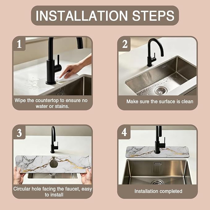 Faucet Mat for Kitchen Sink White Gold Marble Texture Sink Splash Guard Behind Faucet Soft Diatom Mud Material Non-slip Easy to Clean for Bathroom & Kitchen 24"X5.5" - Image 4
