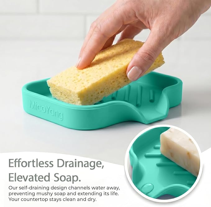 MicoYang Silicone Soap Dish with Drain Spout, Self-Draining Sink Organizer Tray for Bathroom and Kitchen, Sponges, Dispensers and Soap Holder, Non-Slip and Dishwasher Safe, Mint (Compact, 4.9"×3.2") - Image 7