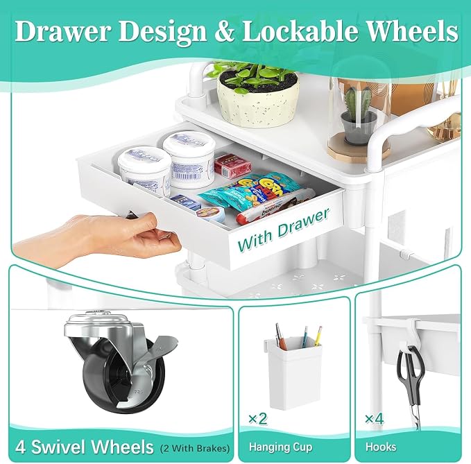 SUNALLY 3 Tier Rolling Cart with Drawer, Craft Storage Cart Organizer,White | Bathroom Storage Organizer with 2 Lockable Wheels, Rolling Utility Cart for Kitchen, Office, Baby, Makeup, Nail,Snack,Laundry - Image 3
