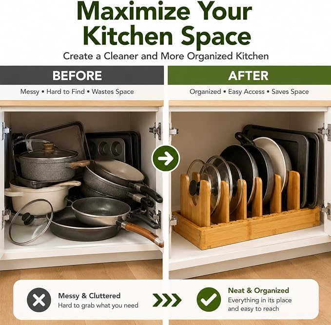 Bamboo Pots and Pans Organizer for Inside Cabinet, Expandable Pot Lid Organizer, Adjustable Kitchen Storage Rack for Lids, Bakeware, Cutting Boards - Image 3