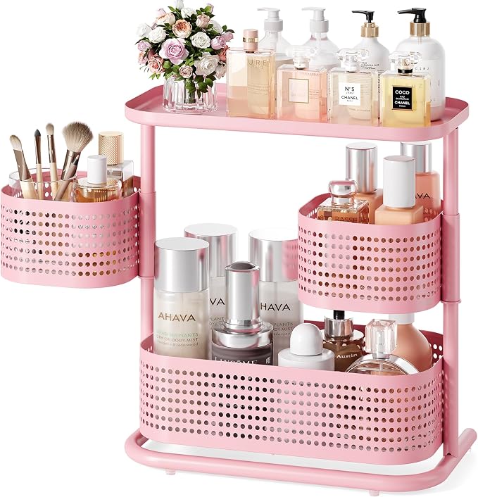 KINGRACK Metal Bathroom Counter Organizer，Rotating Countertop Storage Shelf | 3 Tier, Makeup Tray for Vanity, Perfume & Skincare, Standing Shelf for Bathroom Counter Storage, Pink by KINGRACK