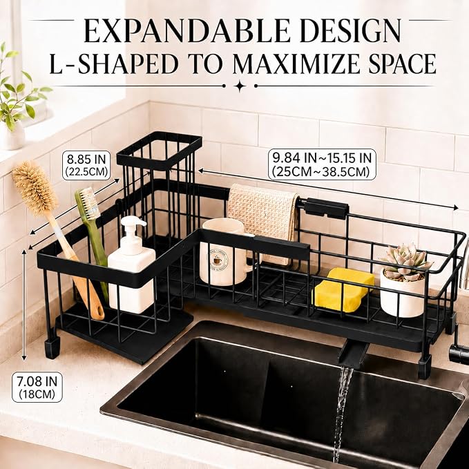 Extendable Corner Sink Sponge Holder, Quick-Drain Caddy for Kitchen Sink, Black - Image 3