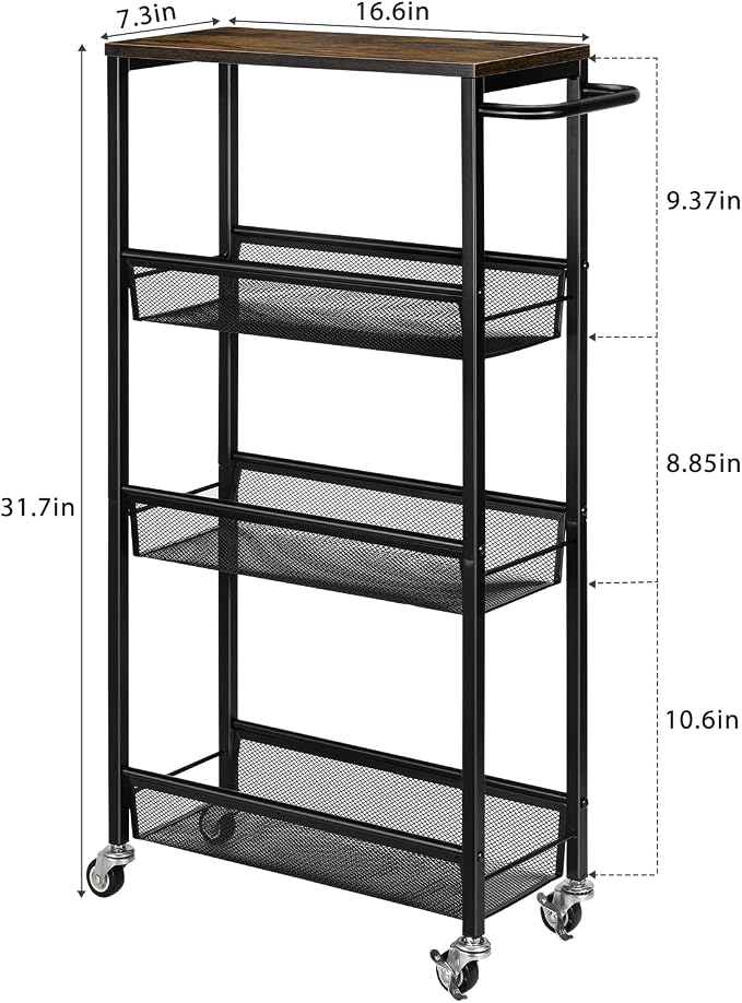 Slim Storage Cart, Metal Narrow Rolling Storage Cart for Kitchen, Black | Wooden Top, on Wheels, Wide Handle, Shelving Unit for Small Space, Easy to Install. - Image 6