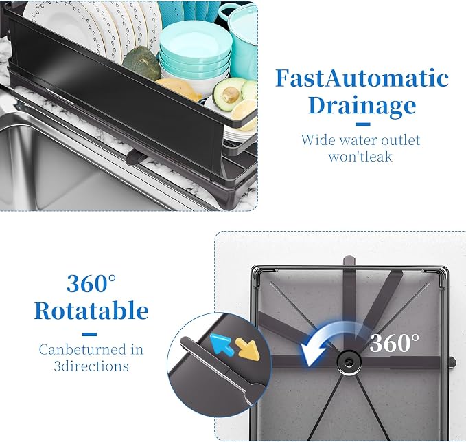 Simple Trending Dish Drying Rack for Kitchen Counter, 11.7" x 16.5", Black | Stainless Steel Dish Rack for Kitchen Counter, Dish Drainer with Cutlery & Cup Holders, Anti-Rust, Counter Space Saving - Image 5