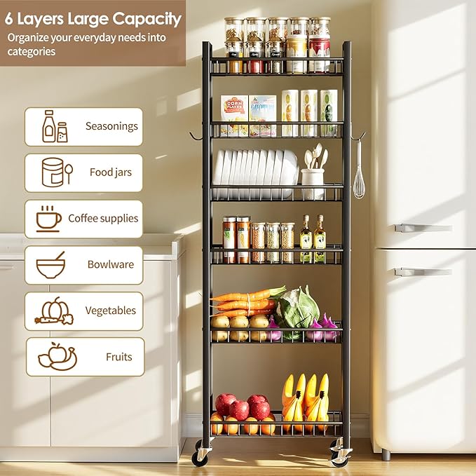 6 Tier Slim Storage Cart, Narrow Rolling Cart with Wheels, 10in(W) | Narrow Mobile Utility Shelf Unit Organizer for Kitchen, Bathroom, Laundry Room, Living Room, Small Places, Black - Image 3