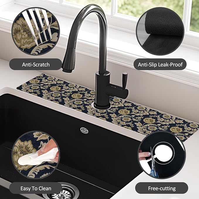 2PCS 24" X 5.5" Kitchen Sink Splash Guard Faucet Mat Floral Flower Super Absorbent Fast Drying Faucet Guard & Draining Mat Sink Splash Guard Behind Faucet for Kitchen, Bathroom - Image 6