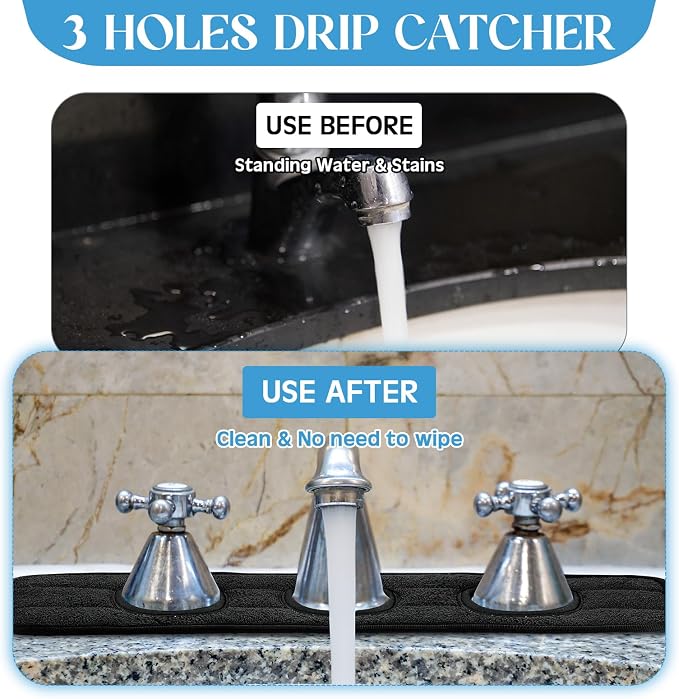 Teenyyou 2 Pcs Faucet Mat for Kitchen Sink Splash Guard for Kitchen Sink Faucet Dish Drying Mat for Bathroom Sponge Holder(Black,3 Round Holes) - Image 4