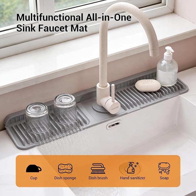 ZJWZLG Faucet Mat for Kitchen Sink, 24"X5.5" Silicone Sink Splash Guard , Snap-On Design & 7°slope Fast Drain, Folding Sink Faucet Mat for Universal Kitchen Bathroom Sink(Grey) - Image 2