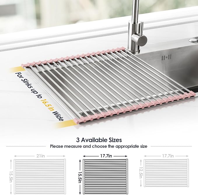 Tomorotec Roll Up Dish Drying Rack Over Sink, 304 Steel, 17.7x15.5, Pink | Anti-Slip Silicone Rims For Grip, Heat-Resistant Trivet Mat Holding Heavy Cookware, Rustproof Kitchen Counter Space Saver - Image 4