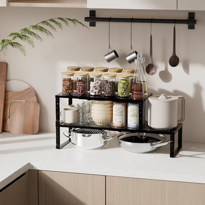 Expandable Spice Rack & Kitchen Cabinet Organizer - Stackable, Adjustable Shelves for Cabinets, Countertops, Cupboards & Pantries(1 Pack/Large/Black) - Image 2