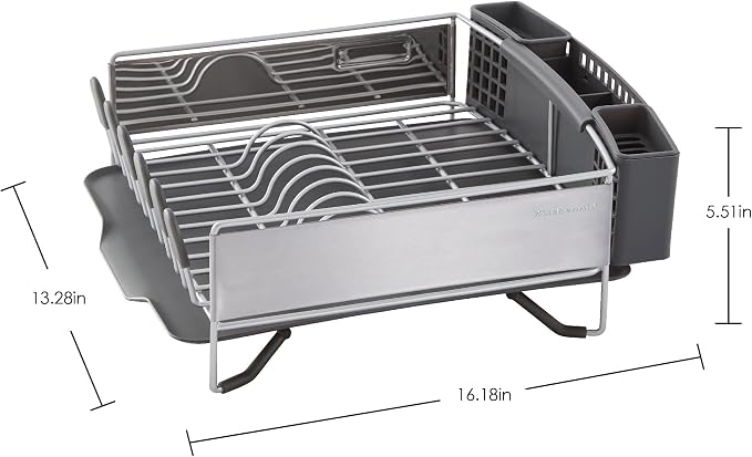 KitchenAid Compact Space Saving, Dish Rack with Removable Flatware Caddy and Angled Self Draining Drainboard, Satin Gray, 15-Inch-by-13.25-Inch - Image 6