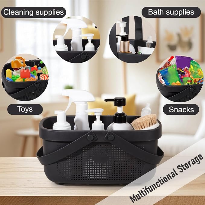 Portable Shower Caddy Basket with Handles Plastic Storage Basket Black | Sturdy Drainage Large Capacity Organizer Basket with Silicone Handles for Bathroom Kitchen Bedroom College Dorm Essentials - Image 3