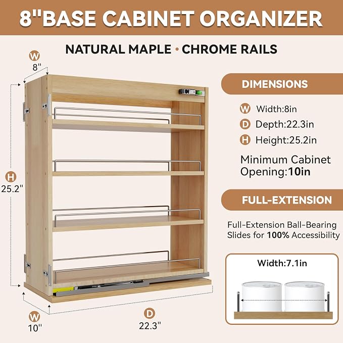 Pull Out Spice Rack Organizer for Cabinet (8" W x 22.3" D x 25.2" H), Sliding Spice Rack for Kitchen Cabinet, Wood Pull Out Cabinet Organizer for Multi-Use - Image 3