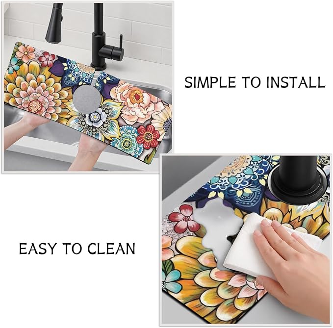 Boho Colorful Mandala Flower Kitchen Sink Splash Guard Faucet Mat,Faucet Non-Slip Absorbent Mat,Farmhouse Sink Splash Guard Behind Faucet for Kitchen Bathroom, 15"x5.5" - Image 4