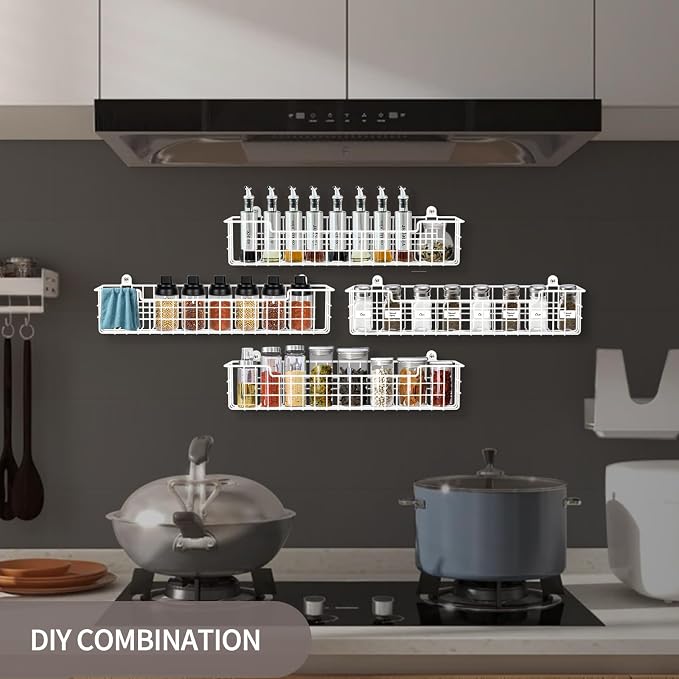 Spice Rack, 4-Pack Seasoning Organizer Wall Mount for Kitchen Storage Organization, Spice Holder Metal Shelf Saving Space for Cabinet, RV, Pantry, White - Image 3