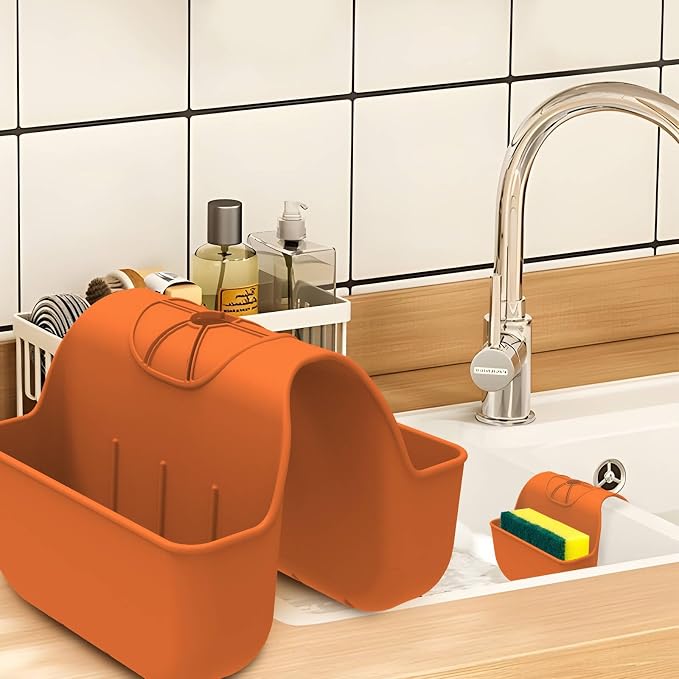 Sponge Holder for Kitchen Sink, Silicone Sink Saddle Caddy Organizer Rack, Sponges Holder Over Faucet, Hanging Kitchen Organizer Accessories Rack Basket Orange by Unknown