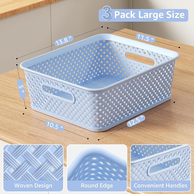 MaxGear 3 Pack Plastic Storage Baskets, Large, Blue | Durable Woven Plastic with Built-In Handles, Suitable for Shelves, Closets, Cabinets, Bathrooms and Offices - Image 6