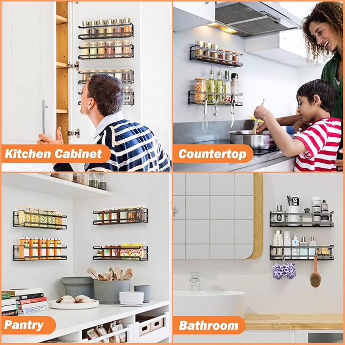 Bunoxea Spice Rack Wall Mounted 4 Pack, For Spice Jars & Seasonings,Black | 4 Removalble Hooks,Screw or Adhesive Hanging, Space-Saving,For Kitchen Cabinet, Pantry Door,Stove,RV Use,11.41x2.75x2.75in - Image 6