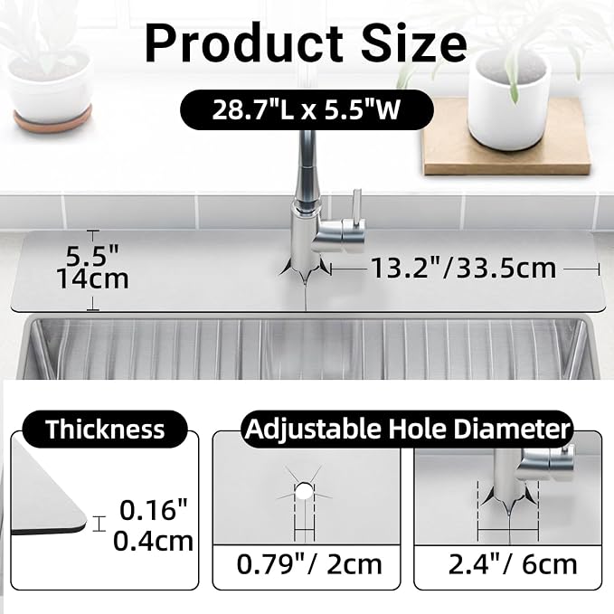 LOPNUR Cuttable Faucet Mat for Kitchen Sink, Long 29x5.5 Inch, Dark Grey | Super Absorbent & Fast Dry Diatomite Sink Splash Guard, 0.8-2.4 Inch Adjustable Faucet Hole, Cut to Fit Bathroom & RV Sinks - Image 3