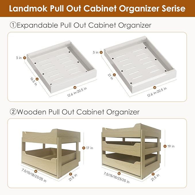 2 Pack Expandable Pull Out Cabinet Organizer 16.5" Deep, Adjustable Width 12.6"-20.5", No Drill Adhesive with Triple Track Rails, Heavy Duty Slide Out Drawers for Kitchen,Pantry,Cabinets,White - Image 8