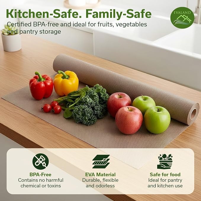 EVALAND Shelf Liner Cabinet Liner Non-Adhesive Drawer Liner 12 in x 33 FT | Non-Slip, Washable, Waterproof, Fridge Liners, Contact Paper, Shelf Liners for Cabinets, Kitchen, Refrigerator, Beige - Image 6