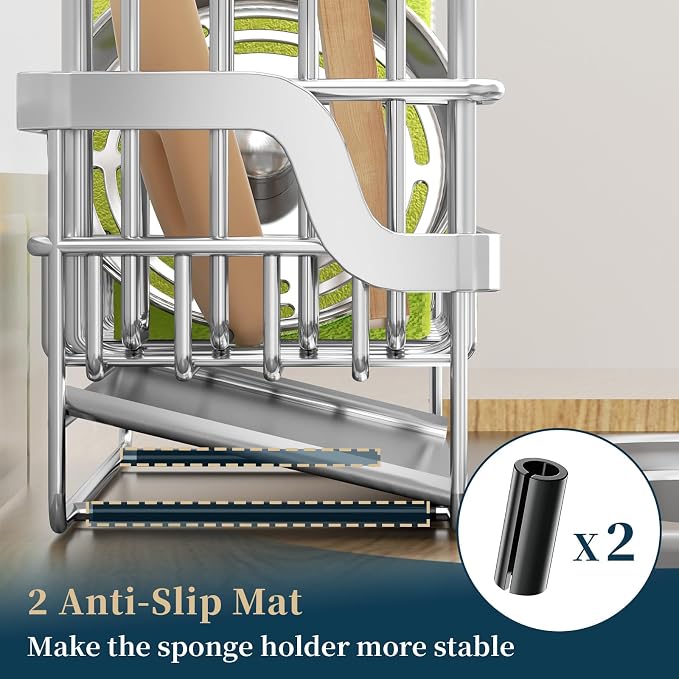 Consumest Sponge Holder for Kitchen Sink - Sink Caddy with Stainless Steel Self Drain Tray, Sink Organizer with High Brush Holder Countertop for Kitchen Sink Accessories, Silver-Extra Large - Image 6