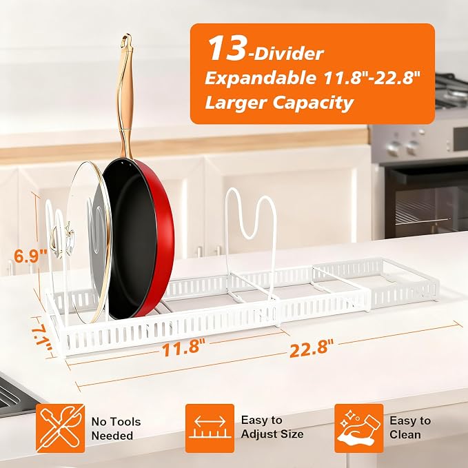 Expandable Pots and Pans Organizer Rack for Under-Cabinet Storage - Adjustable Kitchen Cabinet Organizer with 13 Dividers, Cutting Board Holder & 6 Non-Slip Silicone Pads-White - Image 2