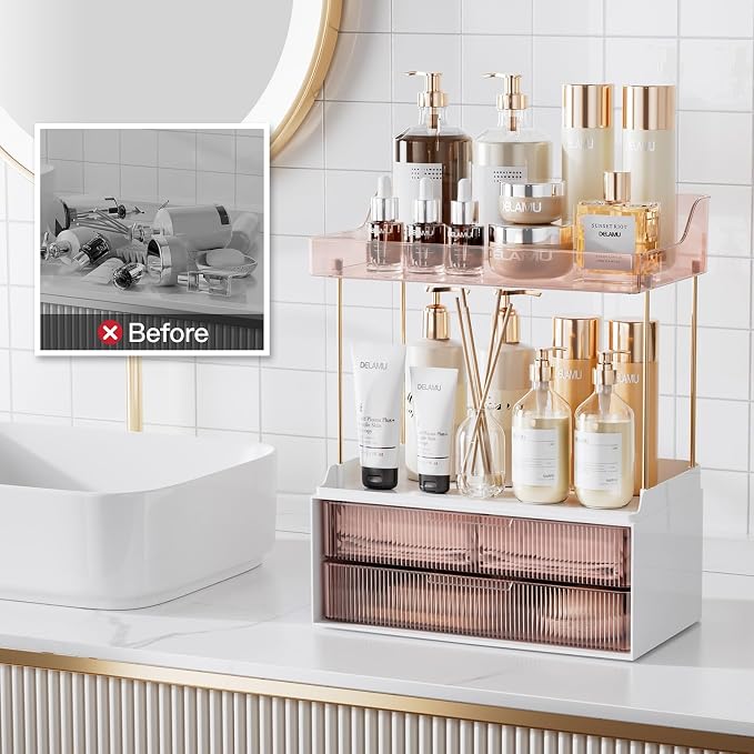 Delamu 4-Tier Makeup Organizer, Bathroom Counter, 2 Drawers, Grapefruit | Elegant Vanity Organizer Gift for Women, Holds Perfume, Skincare, Nail Polish & Hair Accessories for Bathroom Countertop - Image 7