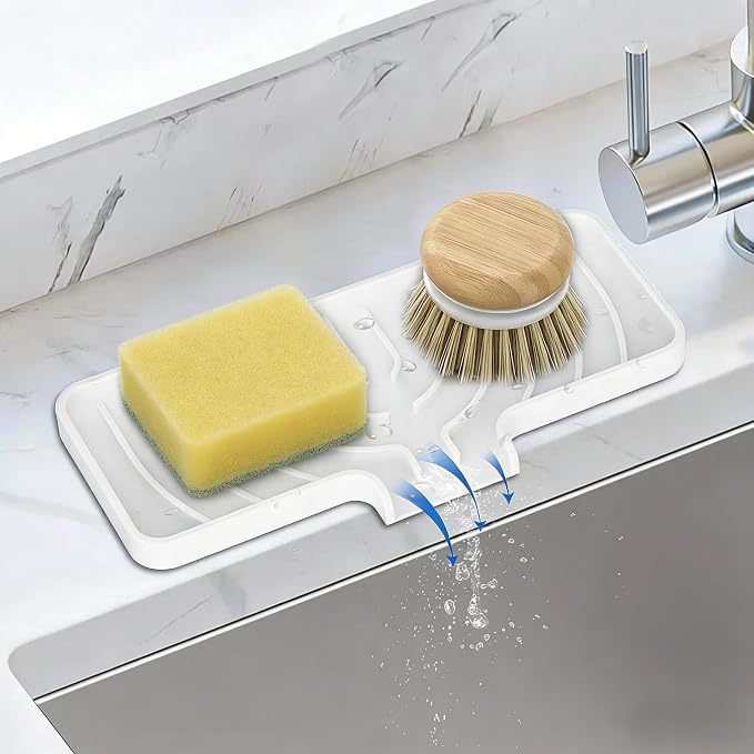 JACZZO Silicone Sponge Holder for Kitchen Sink With Drain Spout, Self Draining, Kitchen Soap Tray, Bathroom Organizer, Sink Caddy (White, 10" x 4") by JACZZO