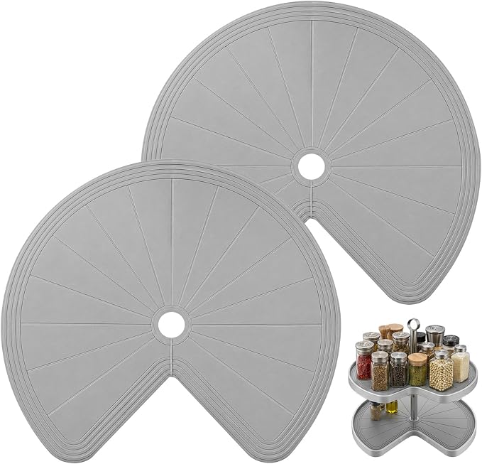 2 PCS 26.5" Lazy Susan Shelf Liner, Silicone Lazy Susan Liner, Non-Slip and Heat-Resistant, Dual Tier Pie Cut Organizer for Drawer Refrigerator Cupboard Cabinet Organizers(Gray) by Unknown