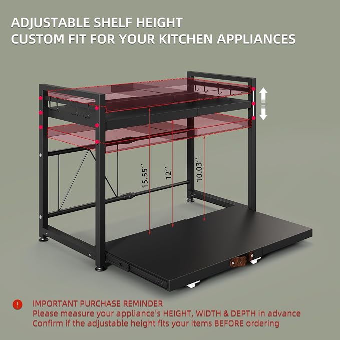 2 Tier Expandable Microwave Stand countertop,Microwave Oven Rack | Pull-Out Microwave Shelf, storage shelf for pans &appliances,Adjustable partition height，8 Hooks,55lbs max load,Black - Image 8