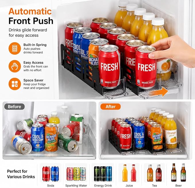 Baluue Drink Organizer for Fridge, Mini Automatic Soda Can Dispenser, Pusher Glide Self-Pushing Drink Holder for Pantry Beverage Cans Refrigerator Storage, Single Row - Image 2
