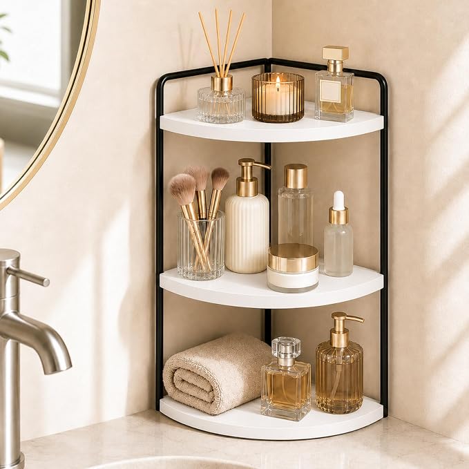 3-Tier Corner Bathroom Counter Organizer, Solid Pine Vanity Shelf, White | Solid pine 3-tier corner shelf with 6.3 in clearance for tall bottles in bathroom, vanity, kitchen, or coffee bar. by SwartLife