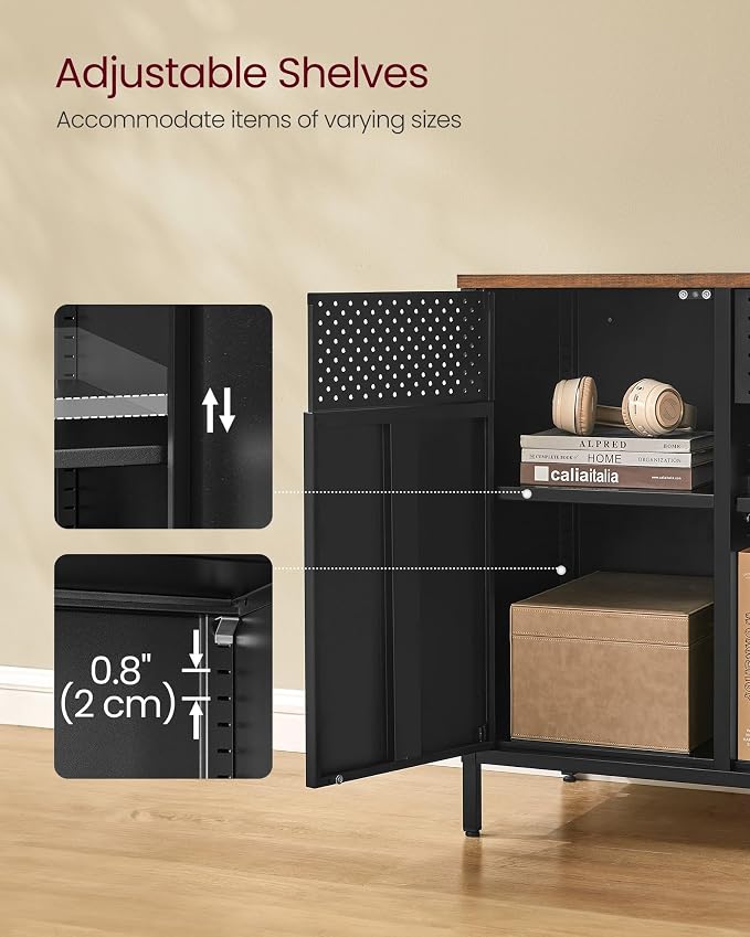 SONGMICS Storage Cabinet, Metal Cabinet, Sideboard with 2 Doors, 15.7 x 43.3 x 29.9 Inches, Magnetic Closure, Adjustable Shelves, Steel Frame, Rustic Brown and Matte Black ULSC204B01 - Image 6