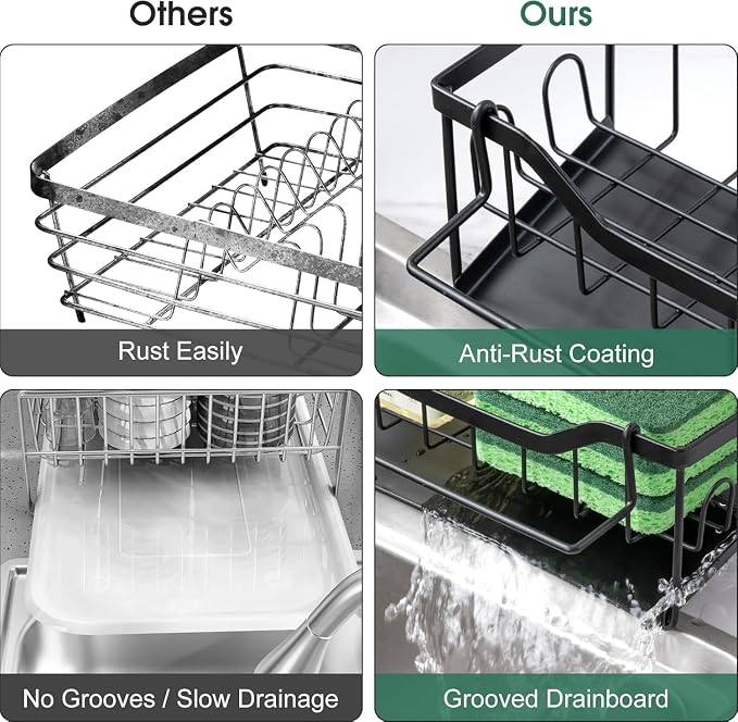 Sponge Holder for Kitchen Sink - Sink Caddy Organizer with Auto Drain Tray, Detachable Towel Rack, Stainless Steel Kitchen Counter Organizer Rack, Black - Image 5
