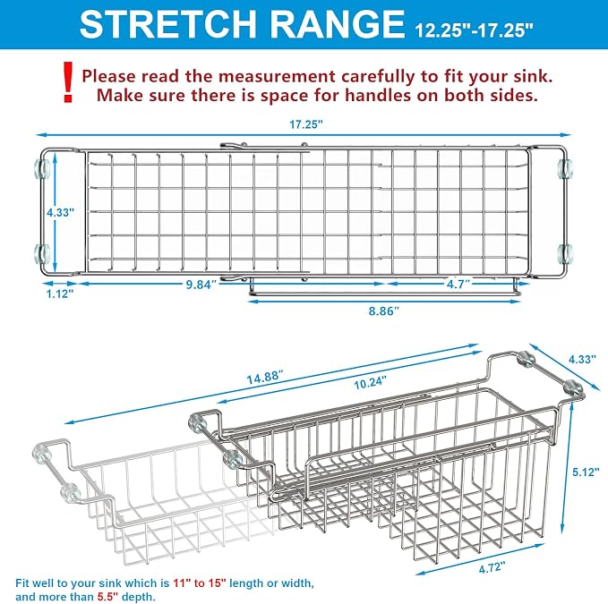 Over The Kitchen Sink Caddy Sponge Holder Organizer Drying Rack Expandable for Sponge Brush Soap Dish Cloth Rag, Stainless Steel (12.25" to 17.25") - Image 3