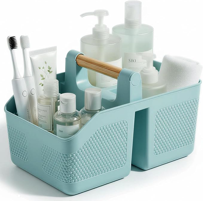 Plastic Shower Caddy Portable Shower Basket with Bamboo Handle, Blue | Cleaning Caddy Organizer Storage Tote for Bathroom, College Dorm Essentials, Bath Toy Storage by rejomiik