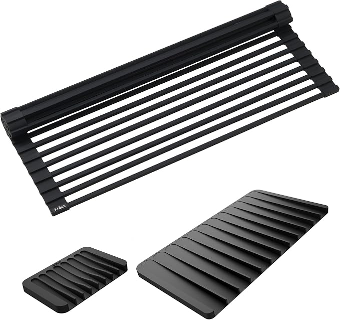 Kraus Roll Up Dish Drying Rack with Self-Draining Silicone Dish Drying Mat and Silicone Soap Dish Holder in Black, KDM-KRM-10BL by Unknown