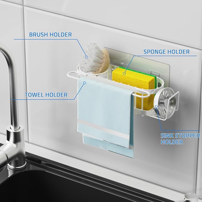 Cisily Kitchen Sink Caddy Sponge Holder in The Sink, Stainless Steel Kitchen Sink Organizer, Brush Holder, Dish Cloth Hanger, Sink Stopper Holder (Suction cup-White) - Image 5